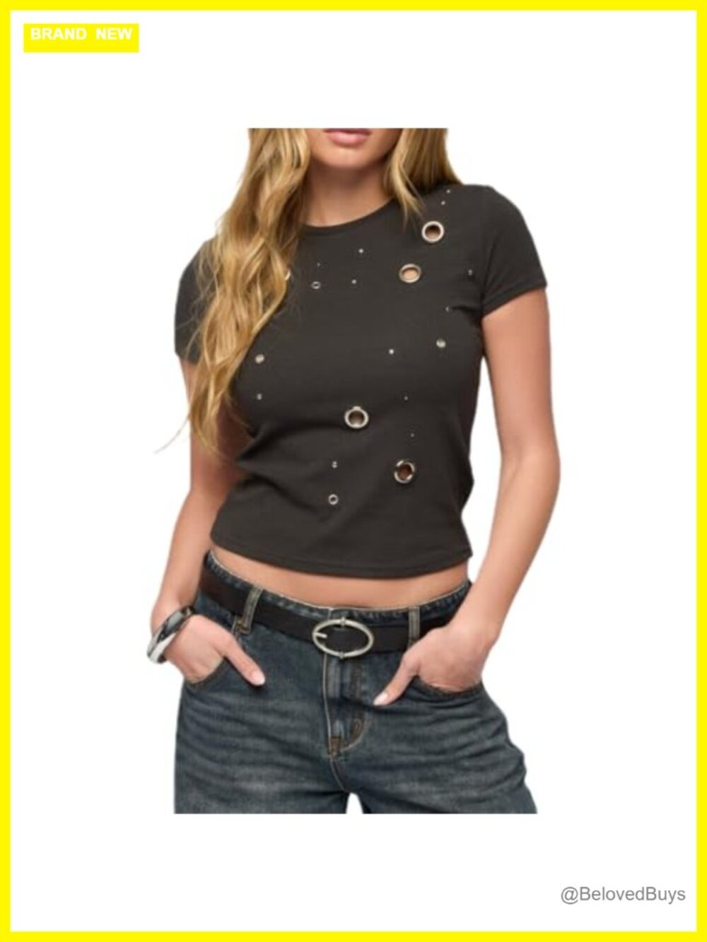 Eyelet Grommet Fitted Baby Tee Cropped Y2K Punk Grunge Streetwear